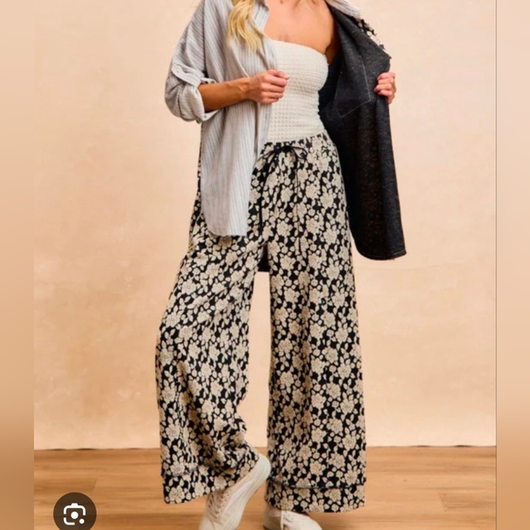 2PC BiBi Cream Gray Black Button Up Top And Pants Set Oversized NEW With Tags - Picture 3 of 6